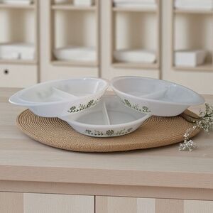 Vintage Set Of 3 Glasbake Casserole Dish Green Crazy Daisy Spring Flower Divided